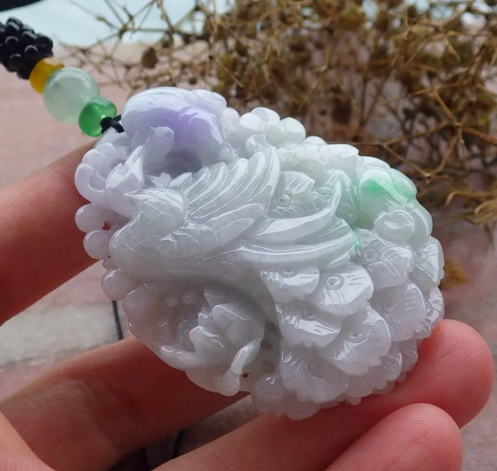 Certified Lavender Green Burma A Jade jadeite Pendant Peacock Phoenix 664141 AS