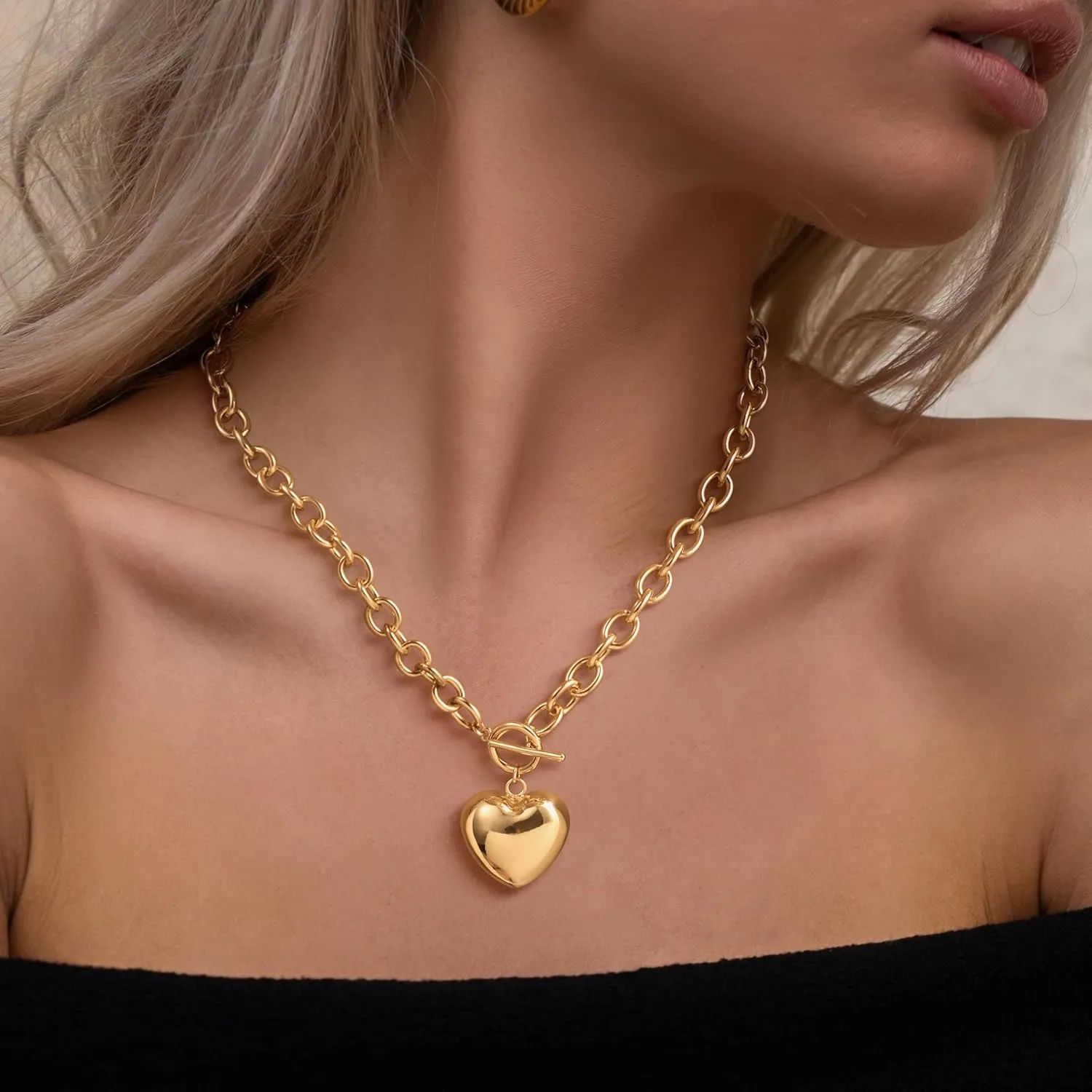 CHESKY Chunky Gold Necklace for Women, Trendy 14K Gold Plated Paperclip Chain Necklace Thick Cross Heart Pendant Necklace Layered Herringbone Cuban Link Chain Toggle Necklaces Non Tarnish Jewelry