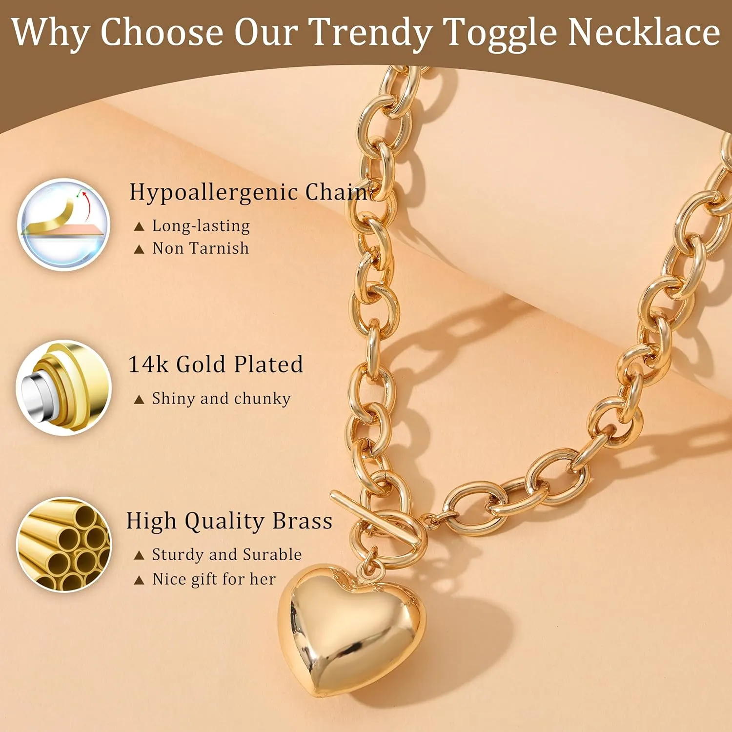 CHESKY Chunky Gold Necklace for Women, Trendy 14K Gold Plated Paperclip Chain Necklace Thick Cross Heart Pendant Necklace Layered Herringbone Cuban Link Chain Toggle Necklaces Non Tarnish Jewelry