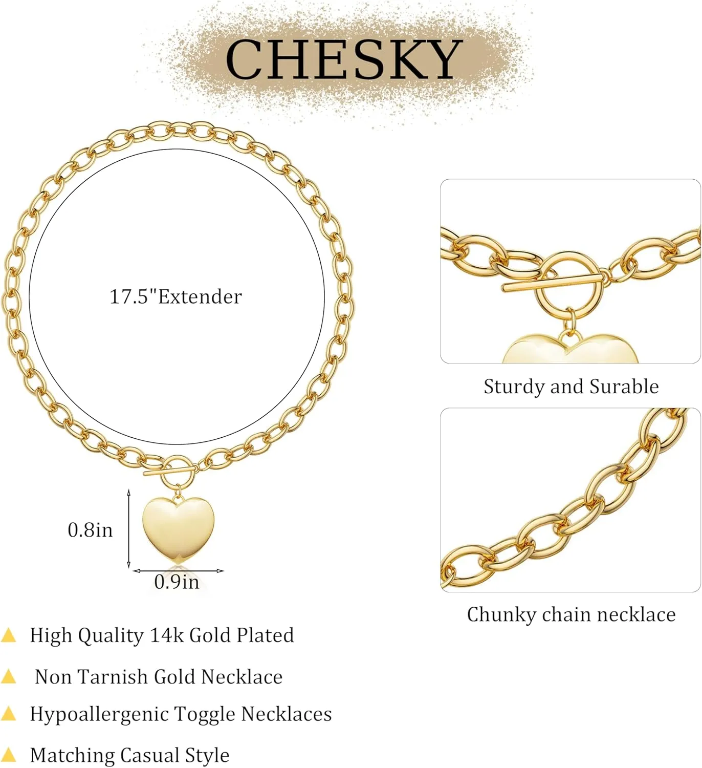 CHESKY Chunky Gold Necklace for Women, Trendy 14K Gold Plated Paperclip Chain Necklace Thick Cross Heart Pendant Necklace Layered Herringbone Cuban Link Chain Toggle Necklaces Non Tarnish Jewelry