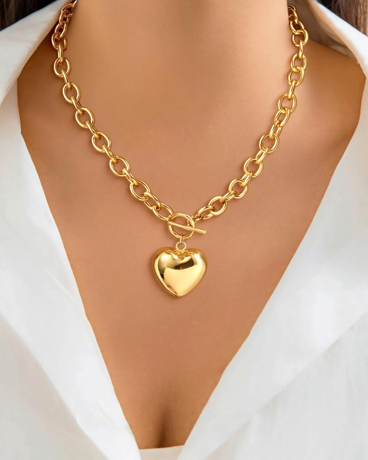 CHESKY Chunky Gold Necklace for Women, Trendy 14K Gold Plated Paperclip Chain Necklace Thick Cross Heart Pendant Necklace Layered Herringbone Cuban Link Chain Toggle Necklaces Non Tarnish Jewelry