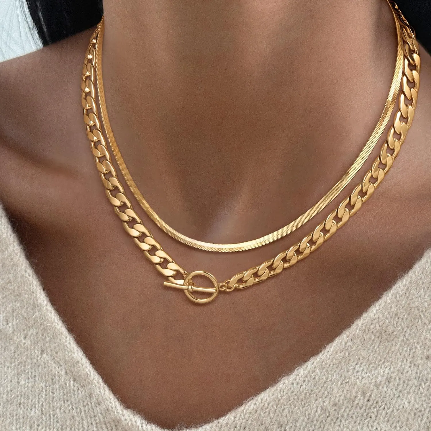 CHESKY Chunky Gold Necklace for Women, Trendy 14K Gold Plated Paperclip Chain Necklace Thick Cross Heart Pendant Necklace Layered Herringbone Cuban Link Chain Toggle Necklaces Non Tarnish Jewelry