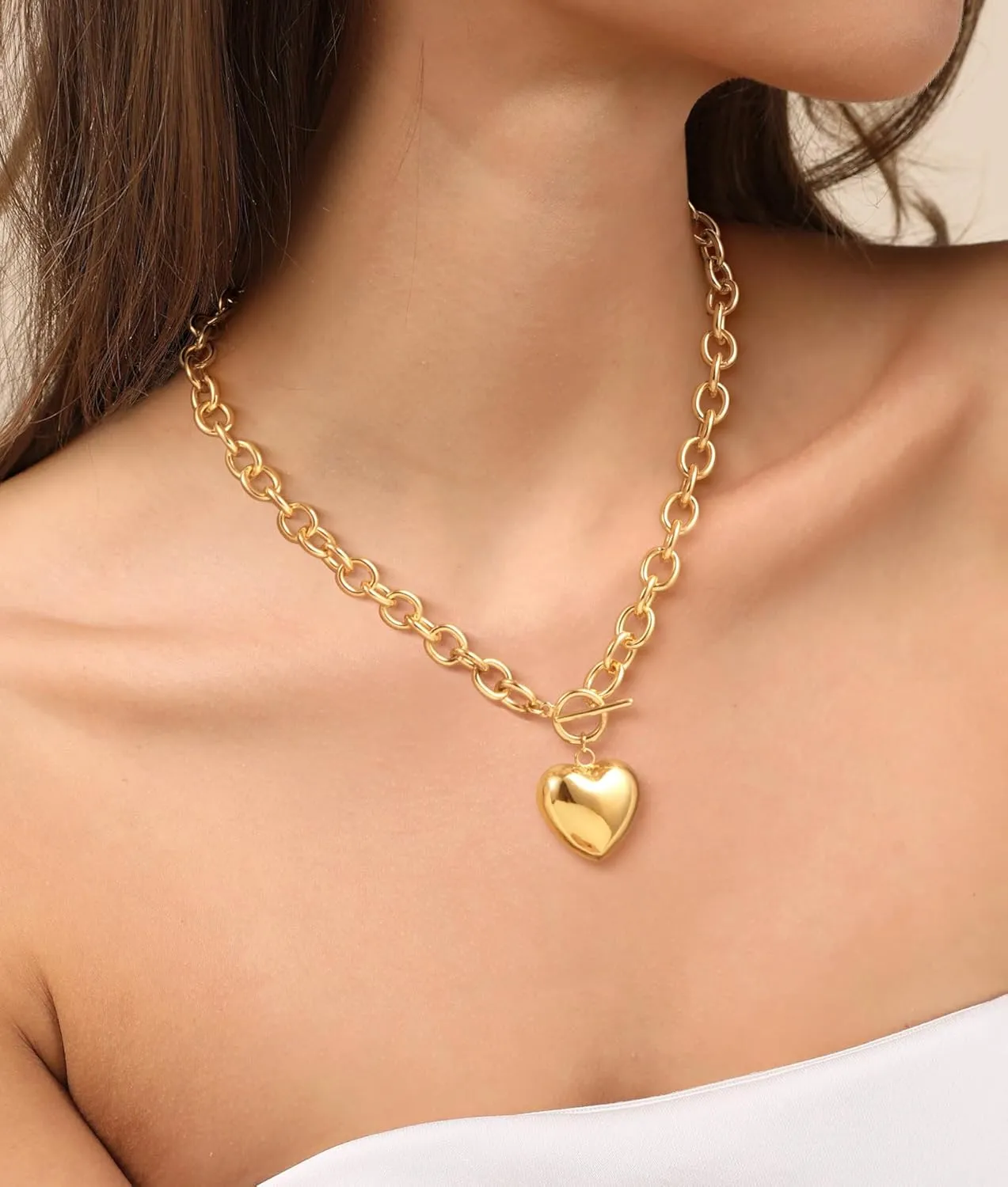 CHESKY Chunky Gold Necklace for Women, Trendy 14K Gold Plated Paperclip Chain Necklace Thick Cross Heart Pendant Necklace Layered Herringbone Cuban Link Chain Toggle Necklaces Non Tarnish Jewelry