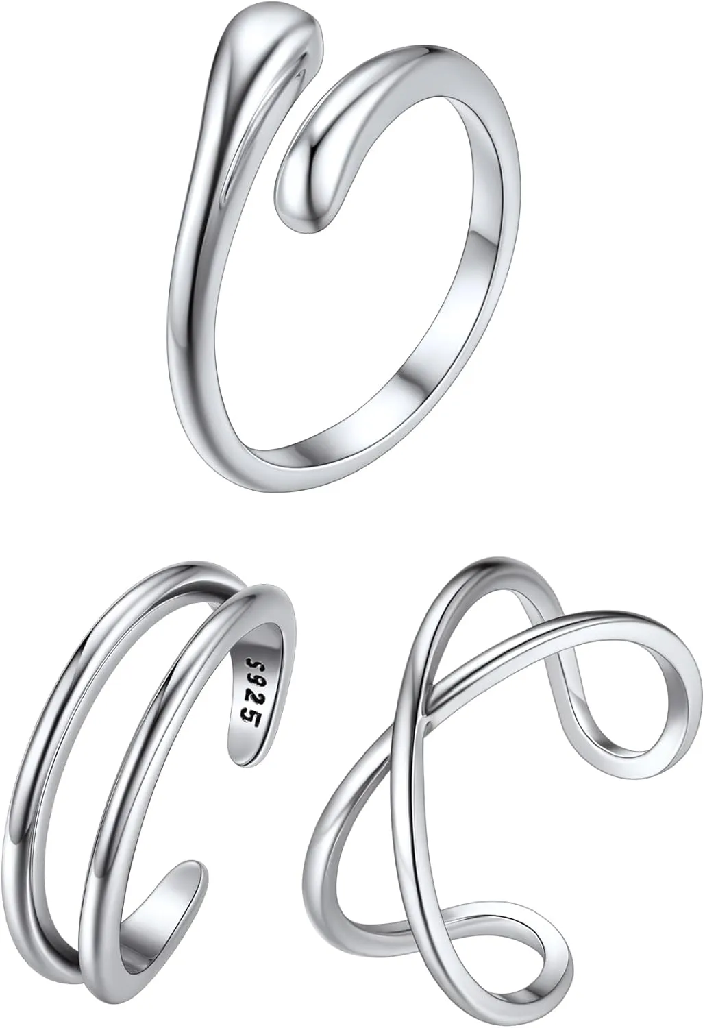 ChicSilver 925 Sterling Silver Toe Rings Set, Hypoallergenic Adjustable Toe Ring Set for Women Girls