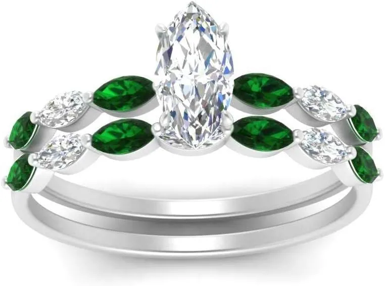 Choose Your Gemstone Single Prong Marquise Diamond CZ Ring and Band Sterling Silver Marquise Shape Wedding Ring Sets Matching Jewelry Wedding Jewelry Easy to Wear Gifts US Size 4 to 12