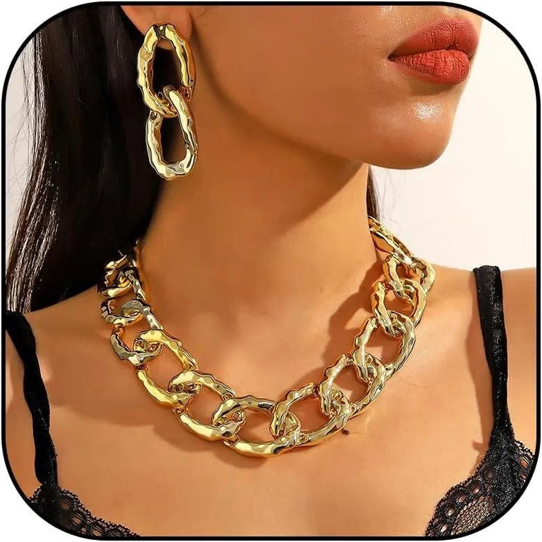 Chunky Chain Necklace Earrings Set Gold Jewelry Set Punk Cuban Link Choker Necklaces Earrings Trendy Jewelry Gifts