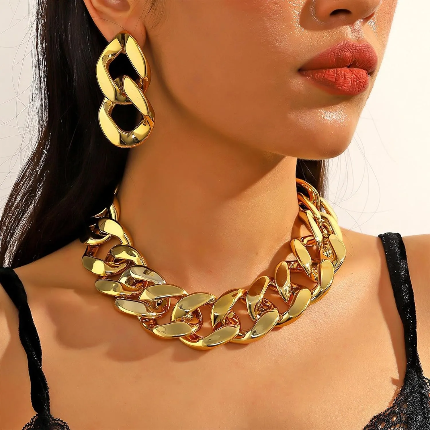 Chunky Chain Necklace Earrings Set Gold Jewelry Set Punk Cuban Link Choker Necklaces Earrings Trendy Jewelry Gifts