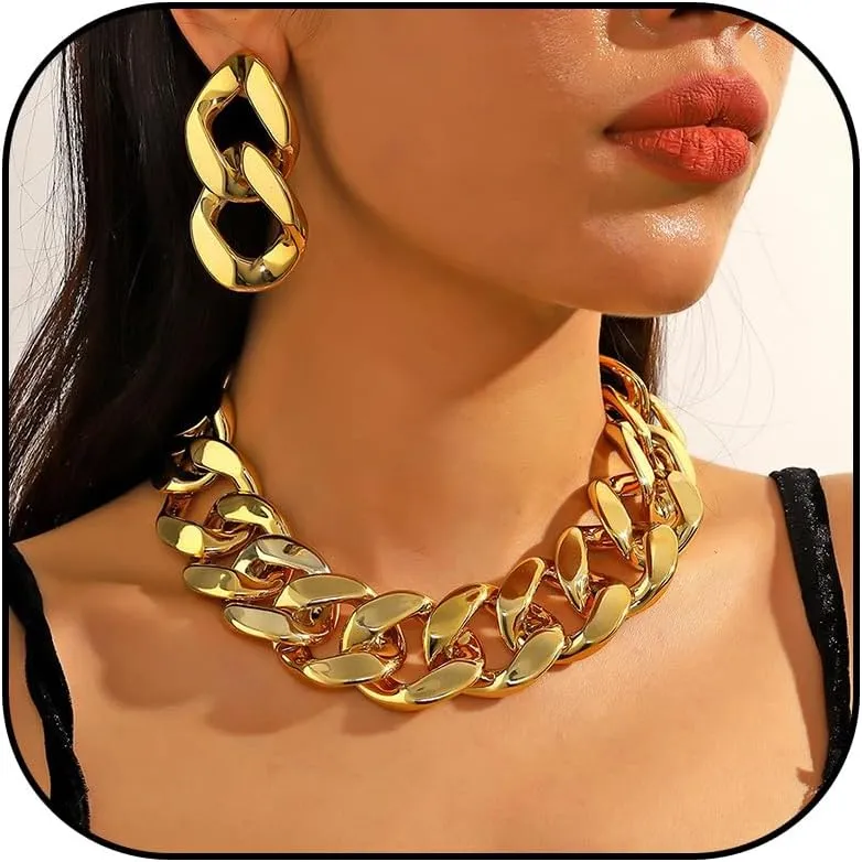 Chunky Chain Necklace Earrings Set Gold Jewelry Set Punk Cuban Link Choker Necklaces Earrings Trendy Jewelry Gifts
