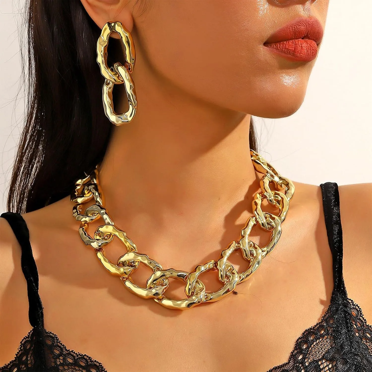 Chunky Chain Necklace Earrings Set Gold Jewelry Set Punk Cuban Link Choker Necklaces Earrings Trendy Jewelry Gifts
