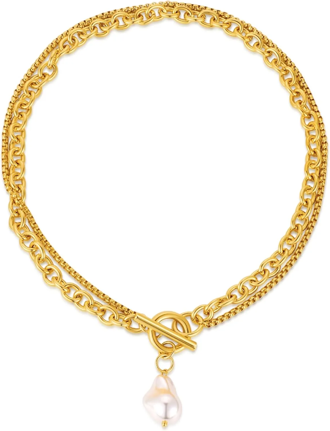 Chunky Gold Necklace Baroque Pearl Pendant Gold Choker U Shaped Lock Chain Statement Necklace for Women Trendy Fashion Jewelry