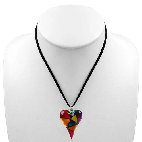 CHUVORA Hand Blown Murano Glass Multi-Colored Mosaic Design Heart Pendant Necklace for Women, Red Yellow Purple Green 18-20 inches