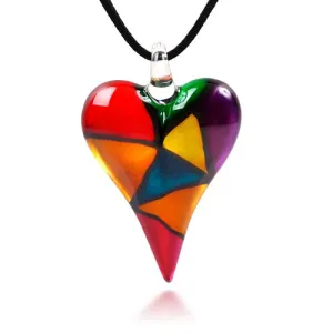 CHUVORA Hand Blown Murano Glass Multi-Colored Mosaic Design Heart Pendant Necklace for Women, Red Yellow Purple Green 18-20 inches