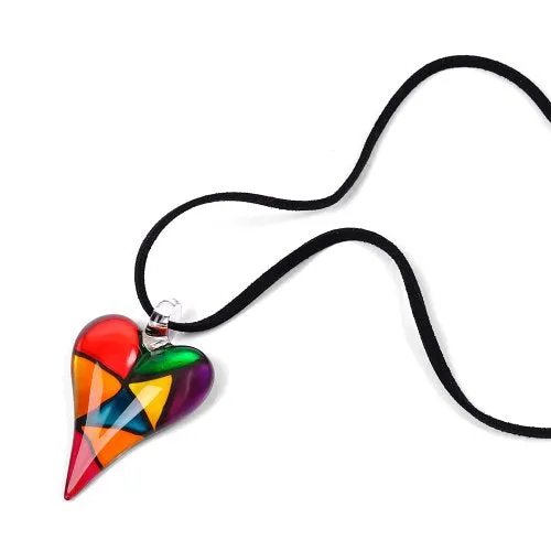 CHUVORA Hand Blown Murano Glass Multi-Colored Mosaic Design Heart Pendant Necklace for Women, Red Yellow Purple Green 18-20 inches