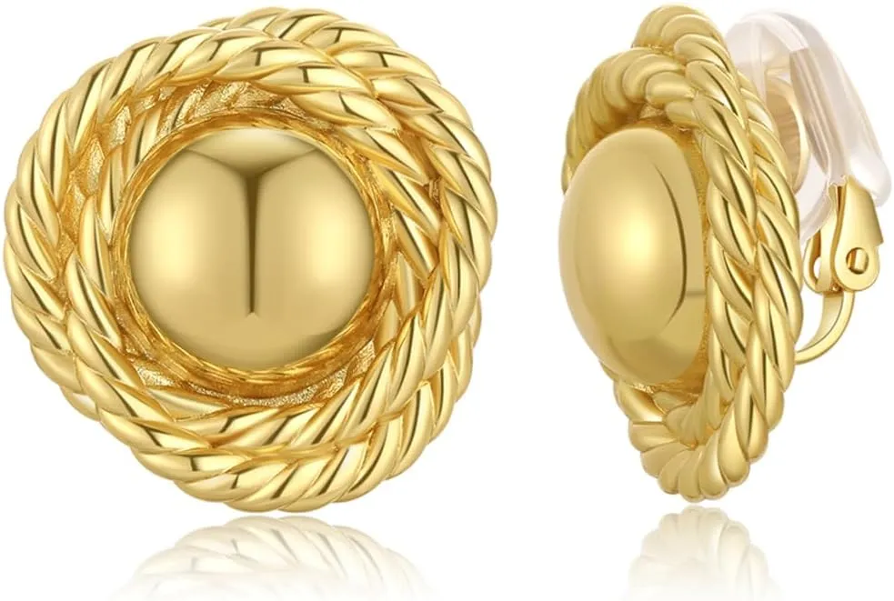 Clip On Earrings, 24K Chunky Women's Clip-on Earrings Gold Huggie Clips Trendy