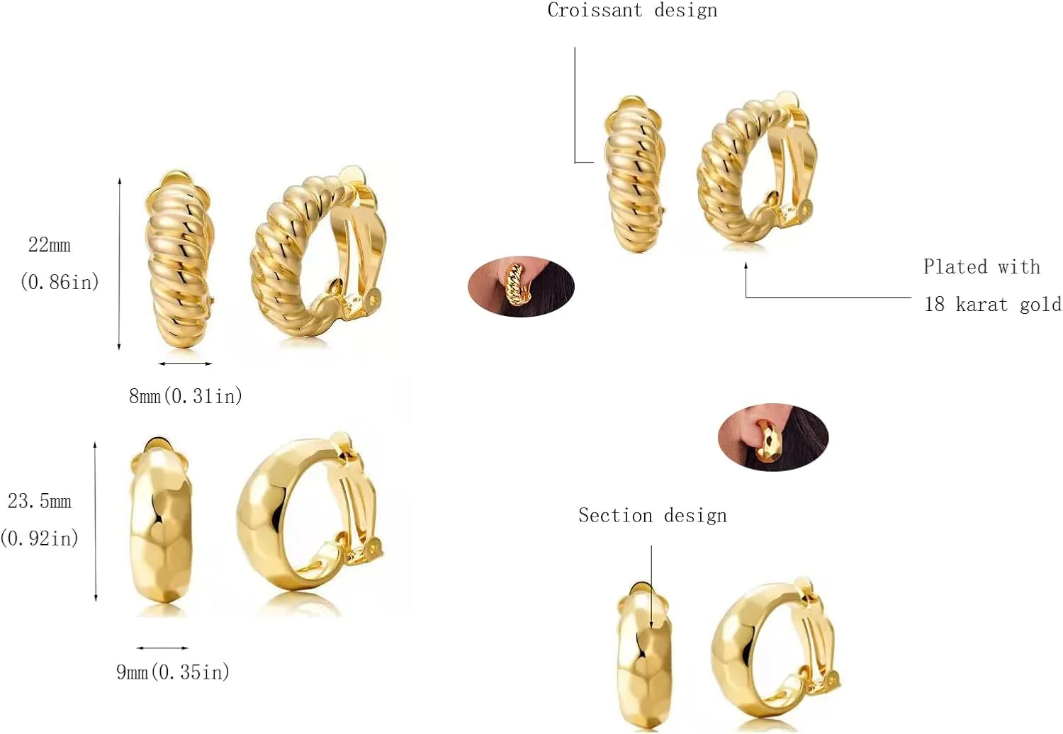 Clip on Earrings Women, 14K Gold Hoop Clip-On Earrings for Women, Hypoallergenic Non Pierced Croissant Earrings