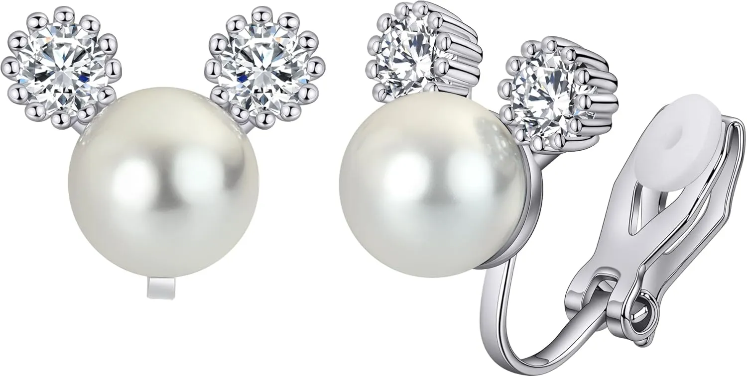 Clip on Earrings,Cubic Zirconia Faux Pearl Earrings for Women Non Pierced Silver Stud Clip on Earrings Women,Clip on Earrings Jewelry Gifts