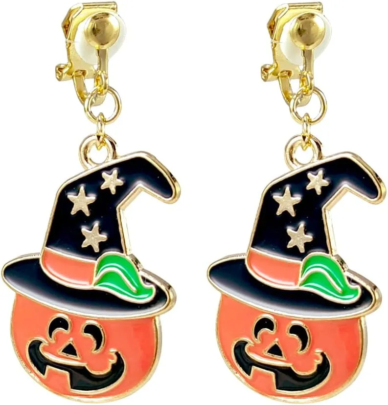 Clip On Halloween Earrings for Women Cute Gothic Punk Vintage Dangle Drop Clip-on Fall Earrings Ghost Pumpkin Bat Non Piercing Earrings Jewelry Set