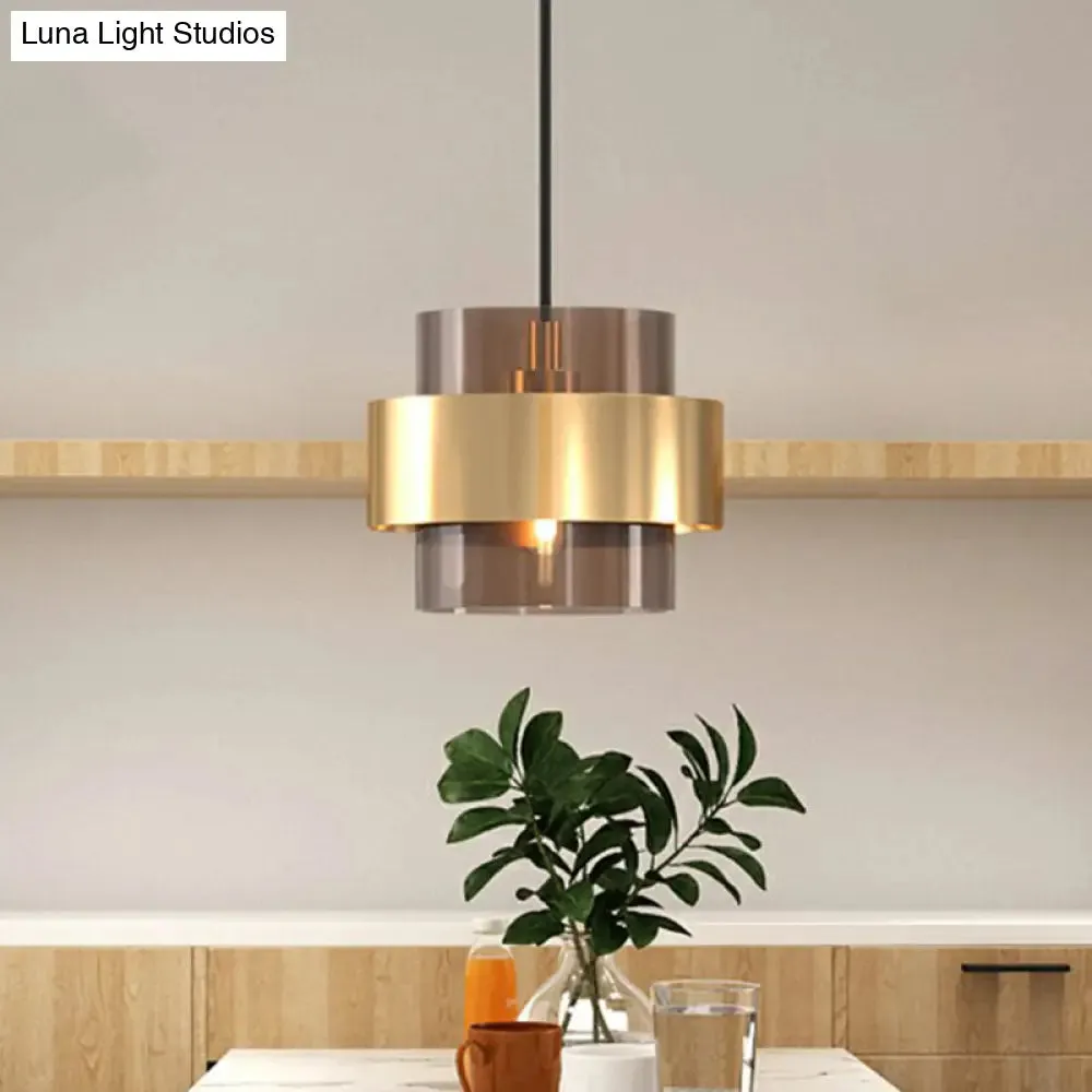 Cognac Glass Pendant Light Fixture with Nordic Design and Gold Ring Guard