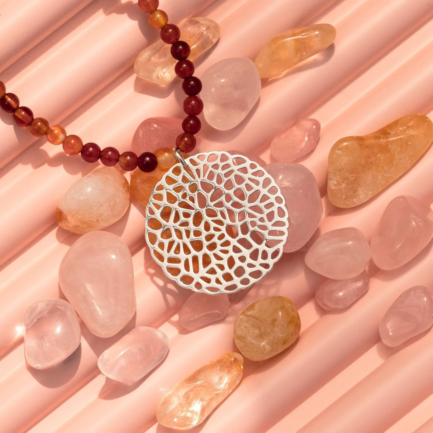 Coral Pendant on Red Agate Beaded Necklace