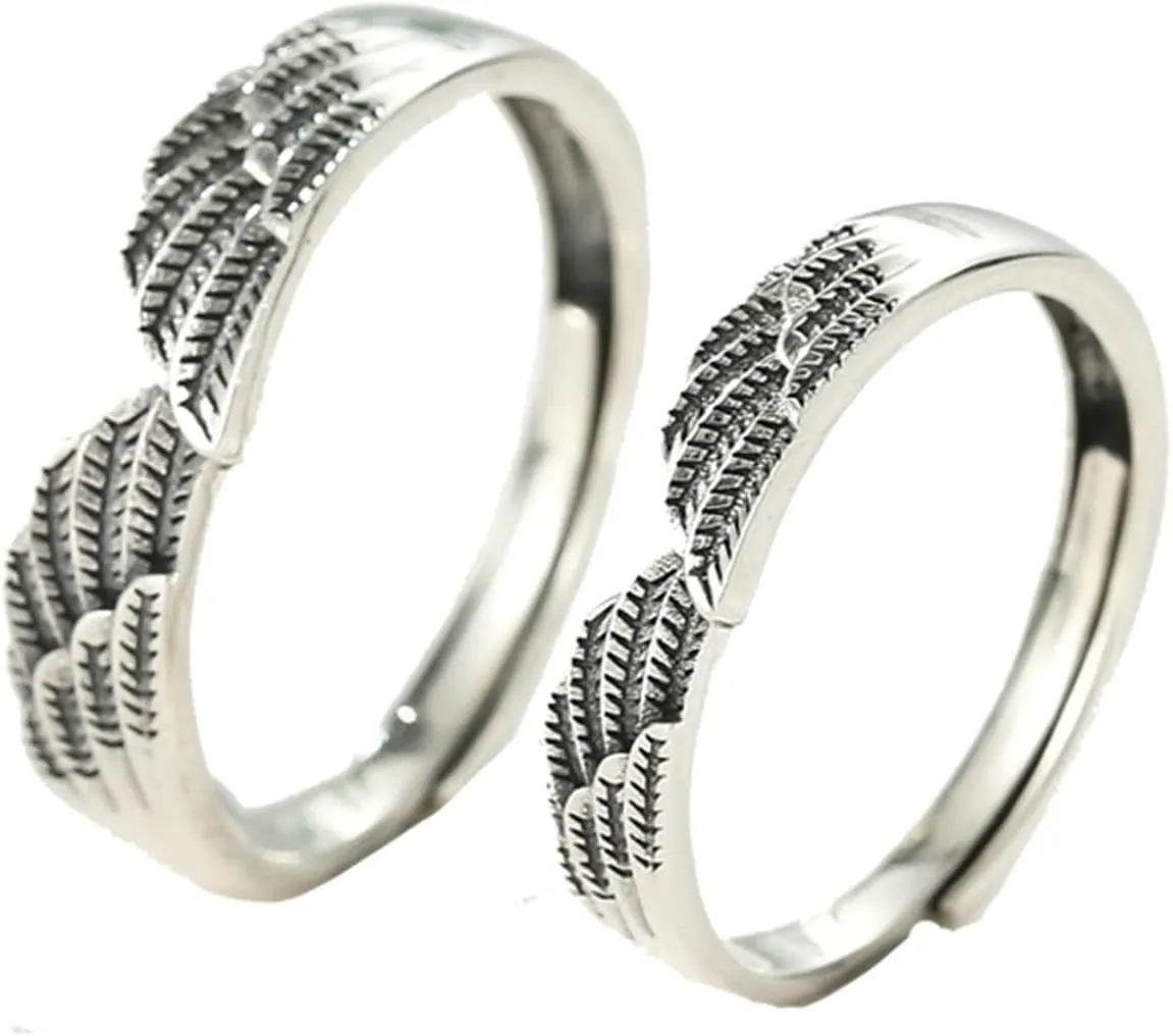 Couple Rings for Him and Her Sets Adjustable, Adjustable Rings 925 Silver with Silver Angel Wing Couple Adjustable Band Jewelry Gift