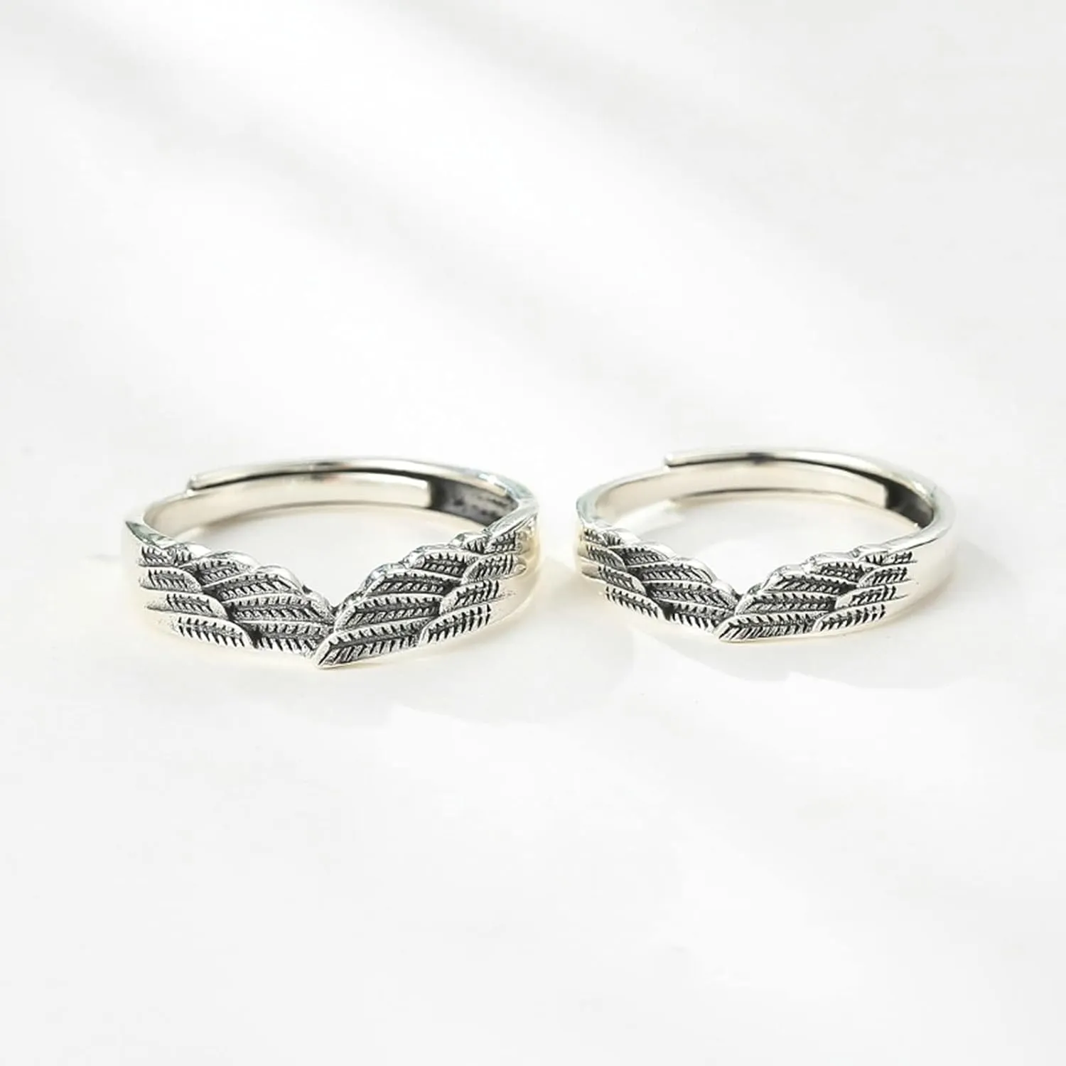 Couple Rings for Him and Her Sets Adjustable, Adjustable Rings 925 Silver with Silver Angel Wing Couple Adjustable Band Jewelry Gift