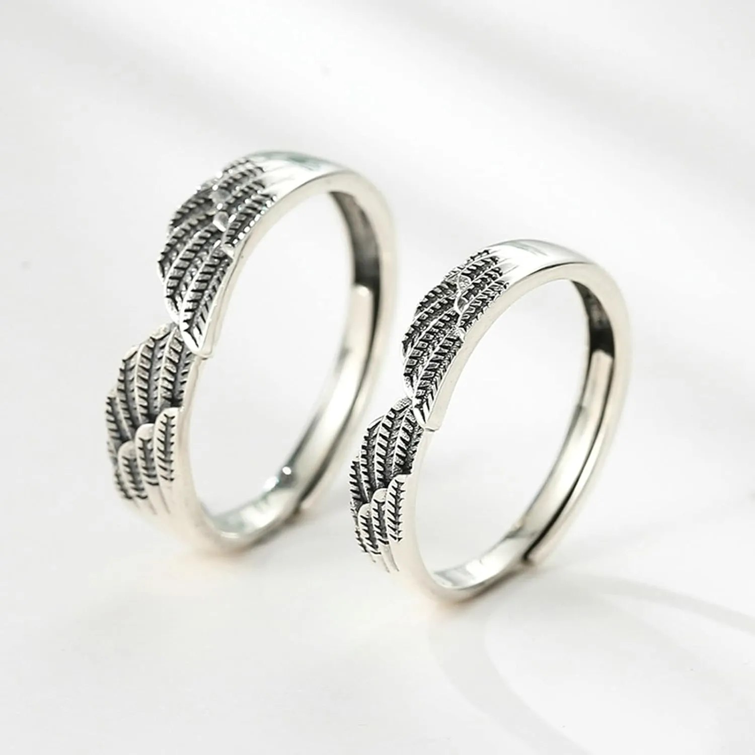Couple Rings for Him and Her Sets Adjustable, Adjustable Rings 925 Silver with Silver Angel Wing Couple Adjustable Band Jewelry Gift