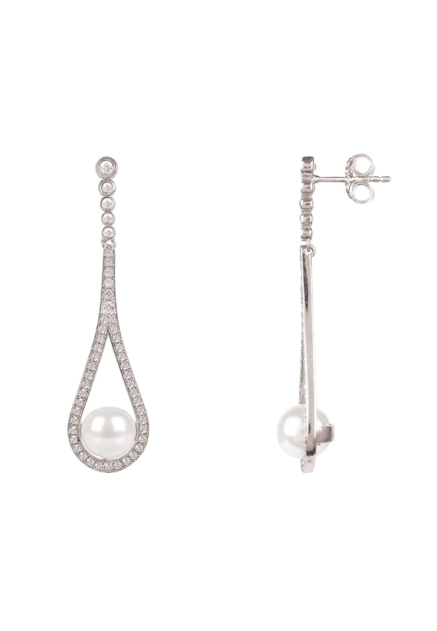 Cradled Pearl Drop Earrings in Silver