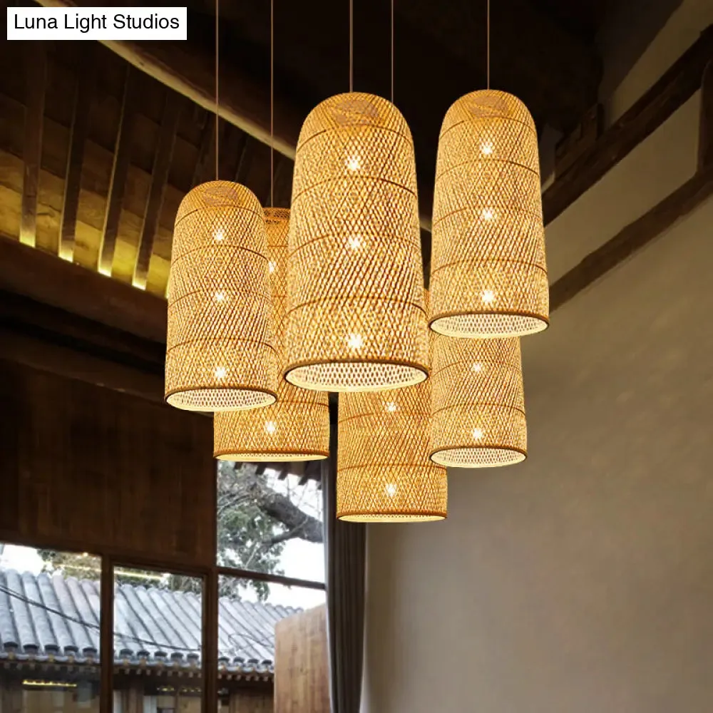 Criss-Cross Woven Bamboo Asian Pendant Lamp - Beige Color