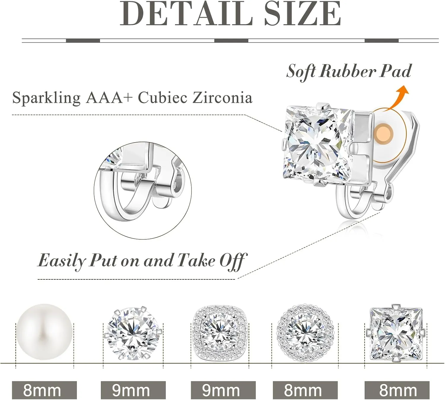 Cubic Zirconia Clip on Earrings - Women Hypoallergenic Comfortable Non Pierced Stud Earrings for Wedding and Dance Competitions, Clip-on Earrings Silver Gold