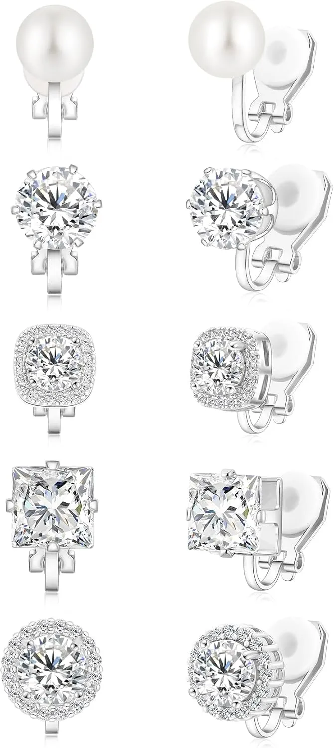 Cubic Zirconia Clip on Earrings - Women Hypoallergenic Comfortable Non Pierced Stud Earrings for Wedding and Dance Competitions, Clip-on Earrings Silver Gold