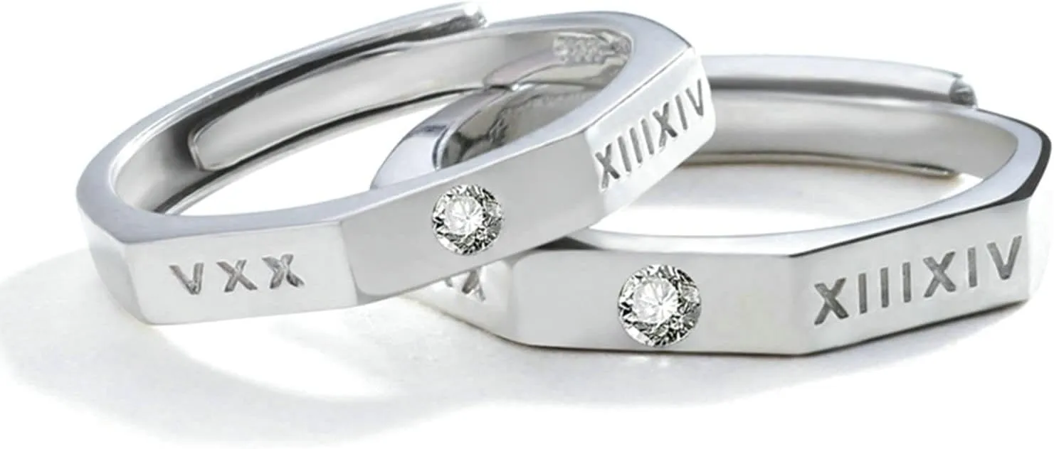 Cubic Zirconia Rings Engagement, Sterling Silver Rings Adjustable with Silver Roman Numerals Couple Adjustable Band Jewelry Gift