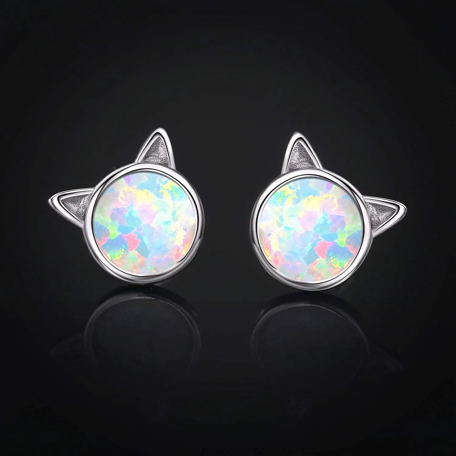 Cuoka 925 Sterling Silver Cat Opal Stud Earrings Tiny Cute Animal Cat Pierced Earrings Jewelry for Women