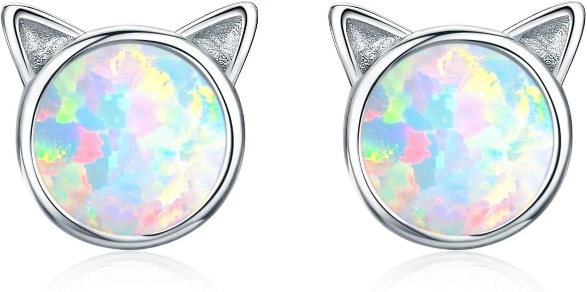 Cuoka 925 Sterling Silver Cat Opal Stud Earrings Tiny Cute Animal Cat Pierced Earrings Jewelry for Women