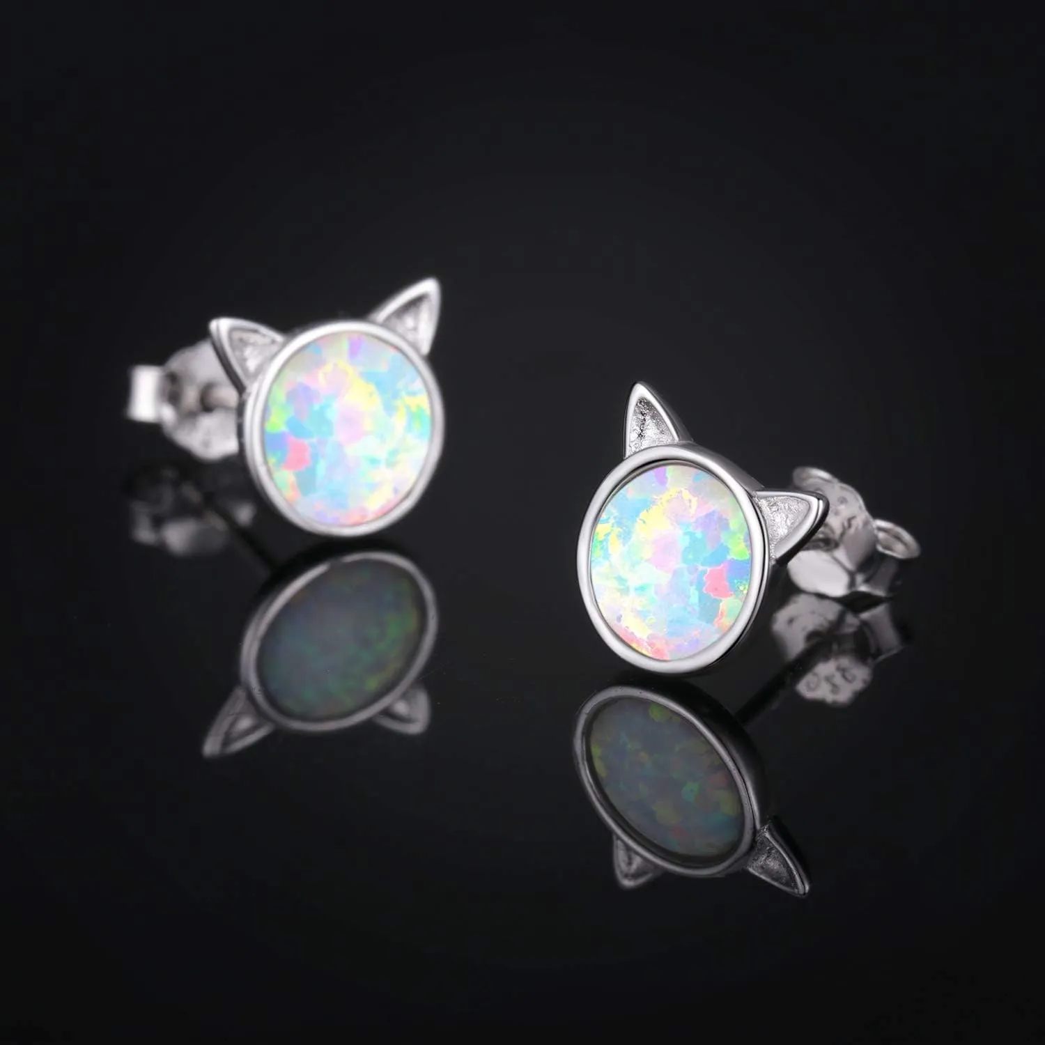 Cuoka 925 Sterling Silver Cat Opal Stud Earrings Tiny Cute Animal Cat Pierced Earrings Jewelry for Women