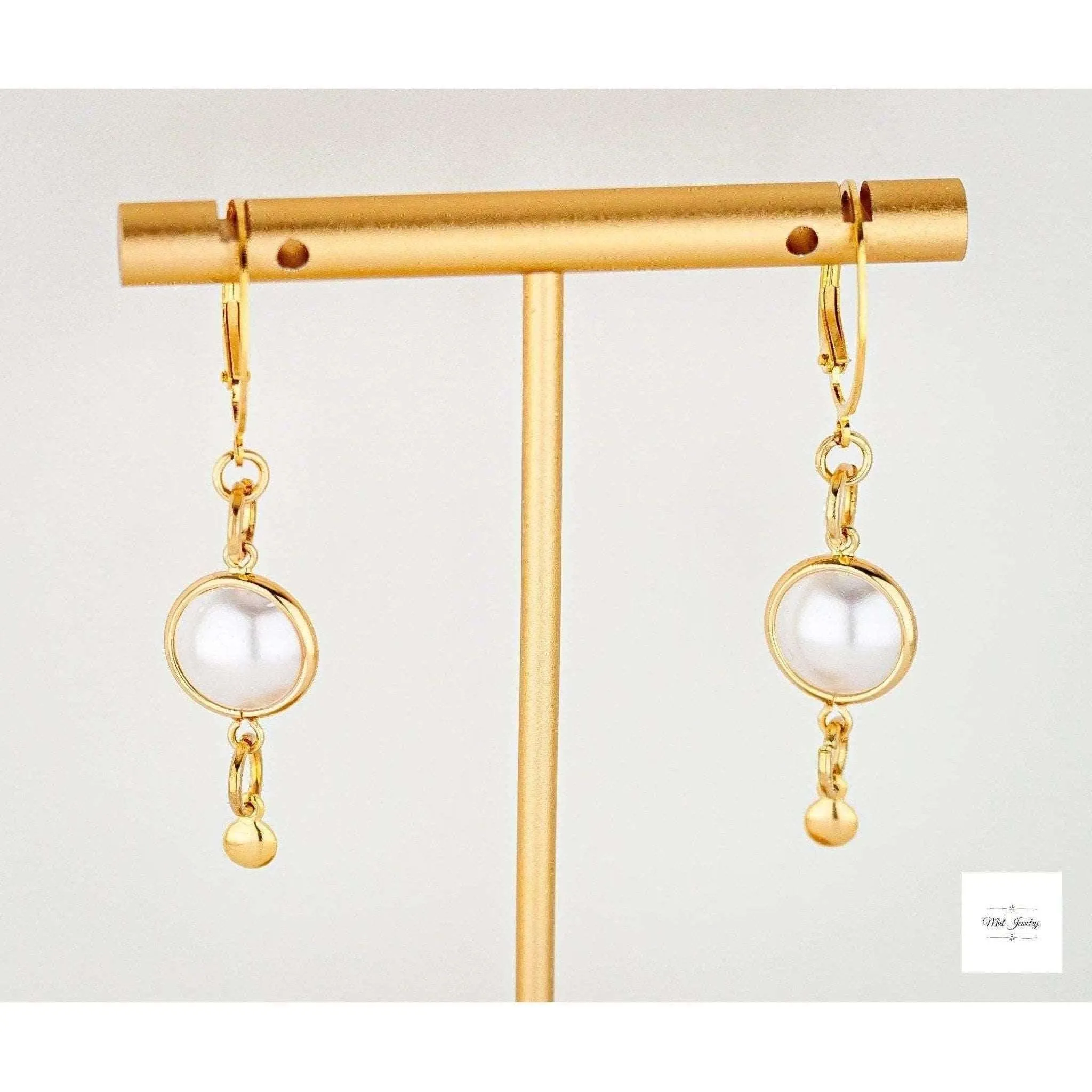 Dainty Pearl and Gold Drop Earrings: White Acrylic Pearl Earrings