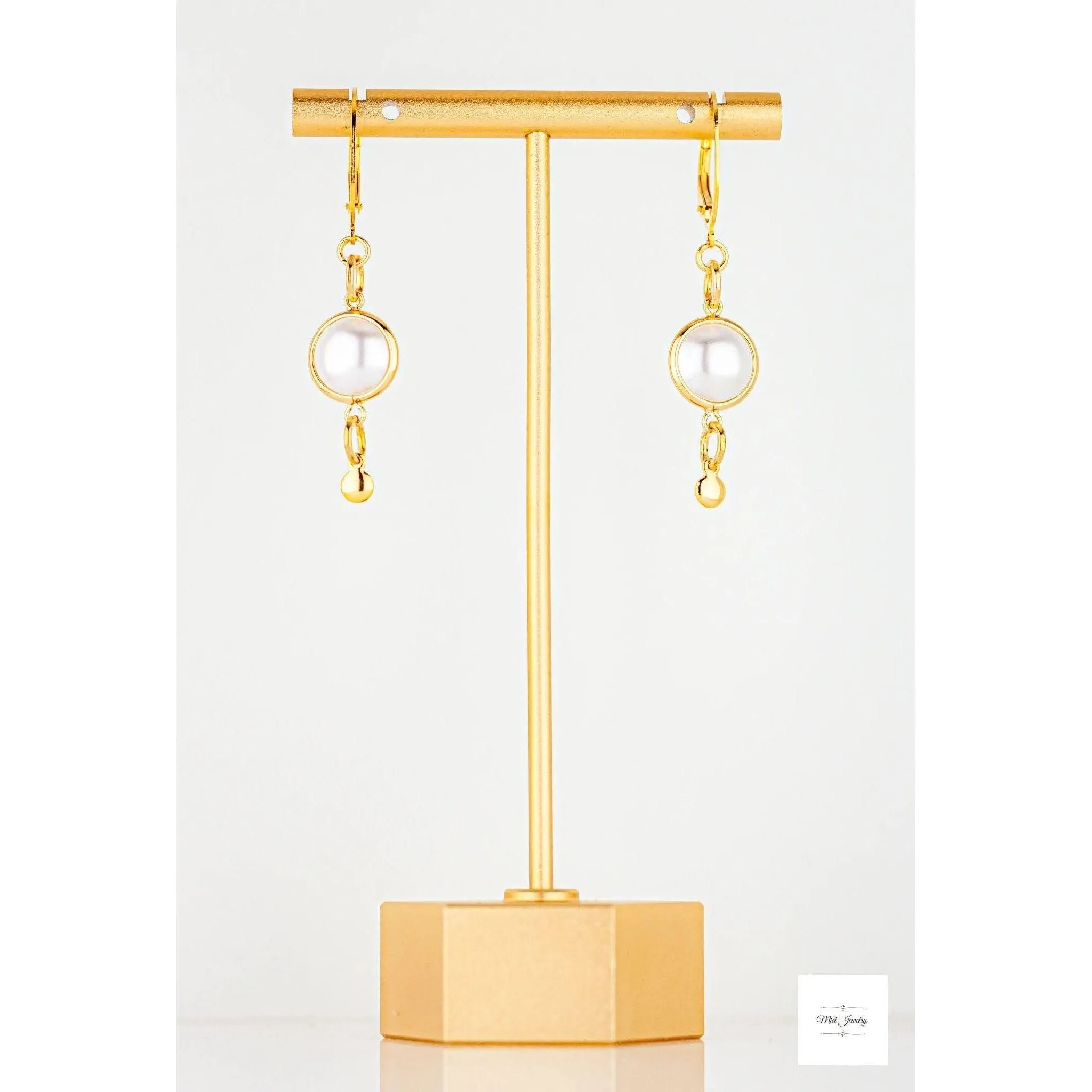 Dainty Pearl and Gold Drop Earrings: White Acrylic Pearl Earrings