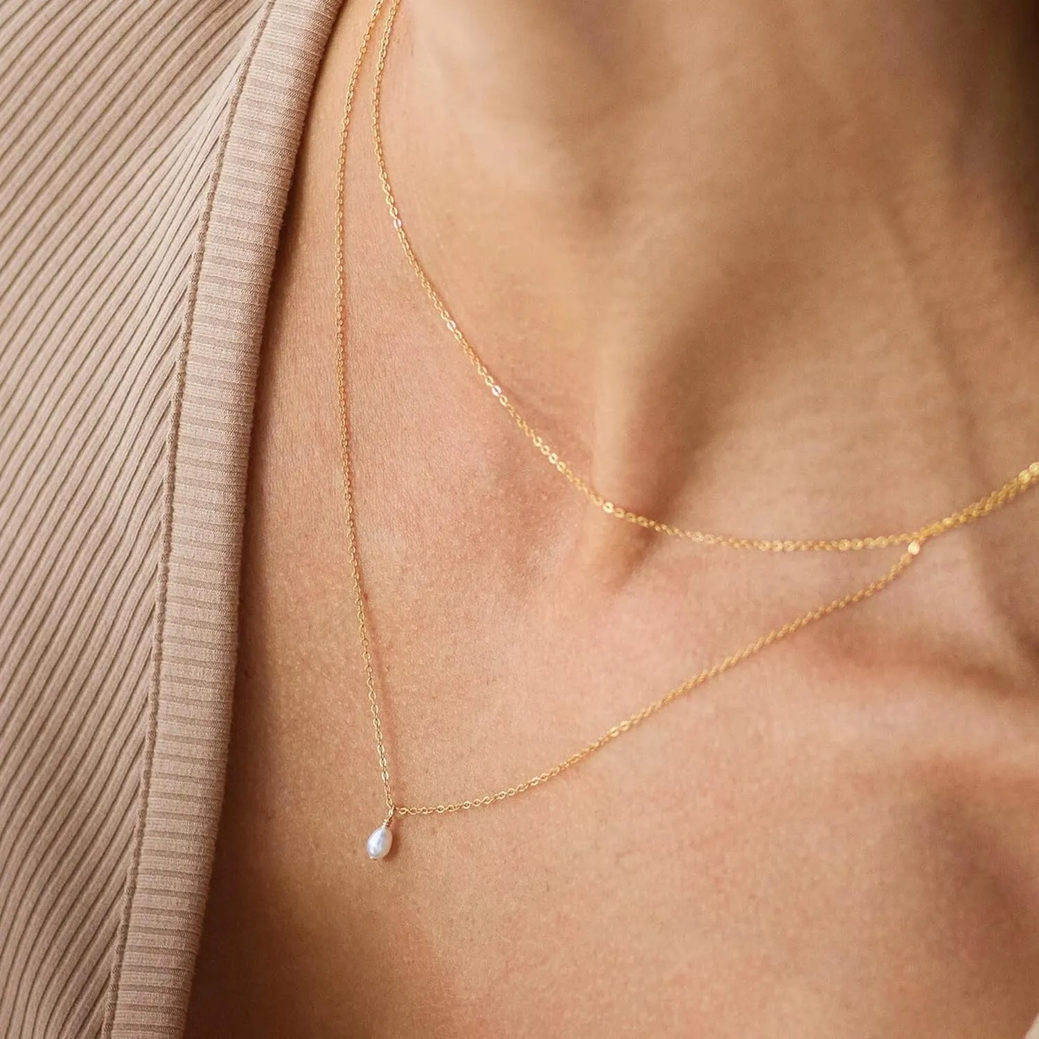 Dainty Pearl Choker Necklace for Women, 14K Gold Plated Handmade Layered Freshwater Pearl Necklace Delicate Necklace Everyday Jewelry