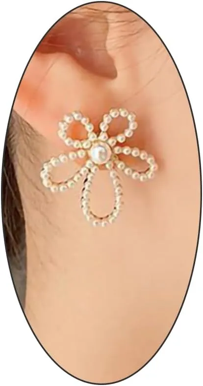Dainty Pearl Flower Stud Earrings for Women Vintage Bead Floral Earrings Hollow Statement Earrings Christmas Anniversary Jewelry Gift