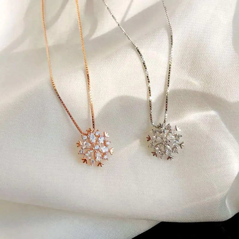 Dainty Rhinestone Snowflakes Winter Pendant Necklaces