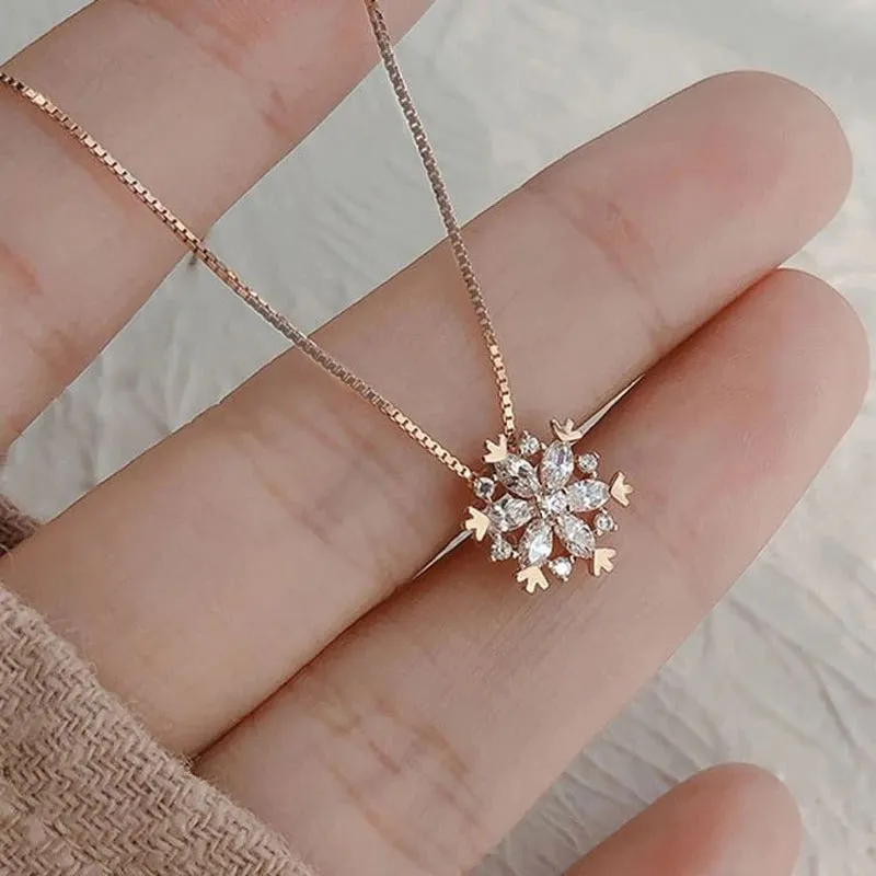 Dainty Rhinestone Snowflakes Winter Pendant Necklaces