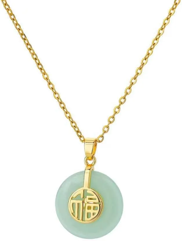 DATOA Good Fortune Pendant Necklace Vintage Good Luck Pendant Chain14K Gold Plated Jade Lucky Necklace for Women