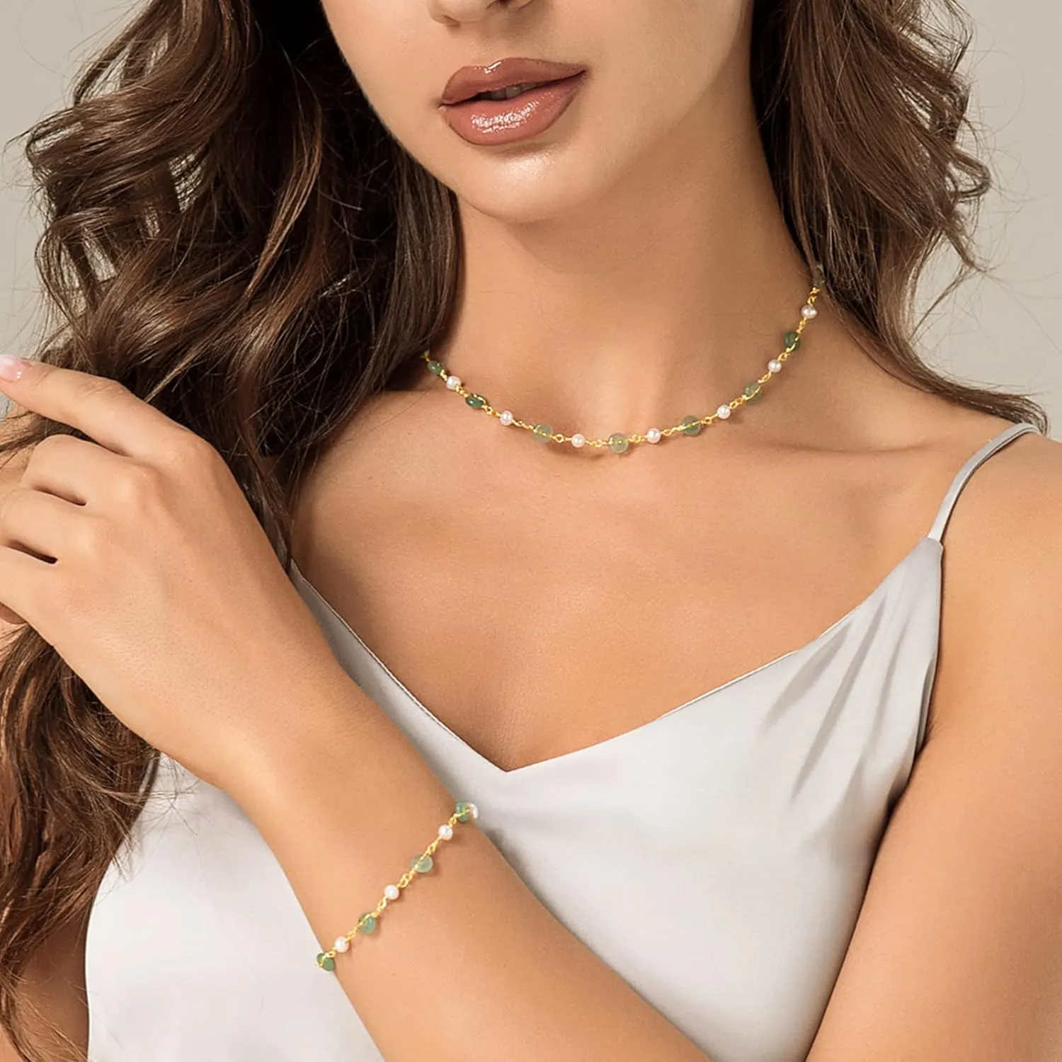 DAUMIER Aventurine Jade Green Jewelry Set Freshwater Pearl Choker Necklace Bracelet Natural Handmade Good Luck Jewelry Birthday Valentine Gift for Women
