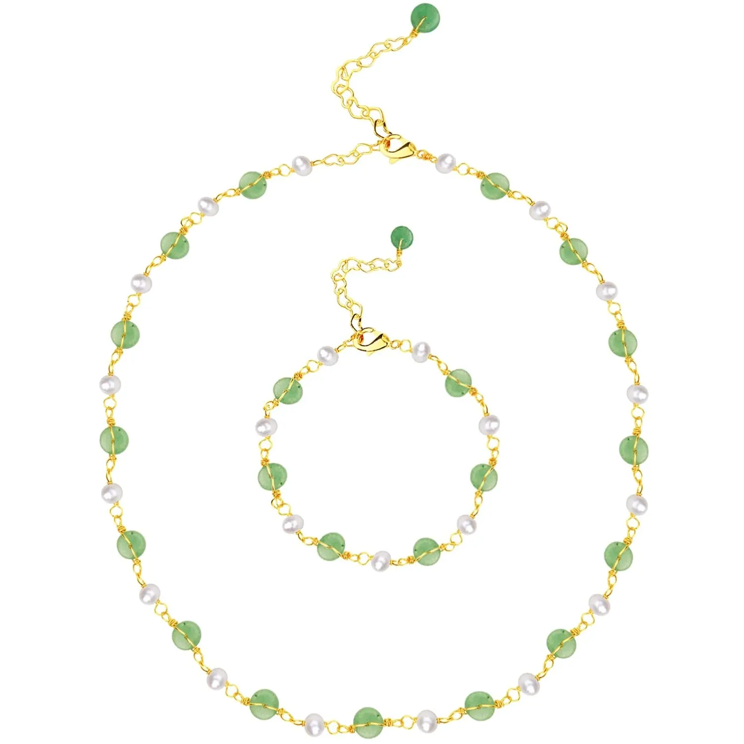 DAUMIER Aventurine Jade Green Jewelry Set Freshwater Pearl Choker Necklace Bracelet Natural Handmade Good Luck Jewelry Birthday Valentine Gift for Women