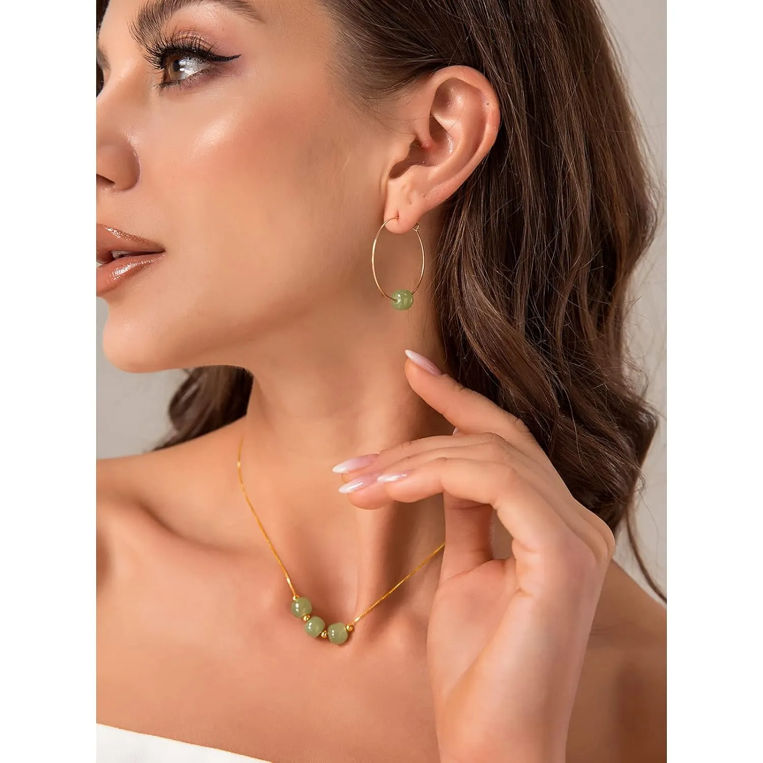 DAUMIER Jade Donut Green Jewelry Set Handmade Necklace Earrings S925 14K Gold Plated Jade Pendant Natural Hetian Jade Drop Jewelry Birthday Gift for Women