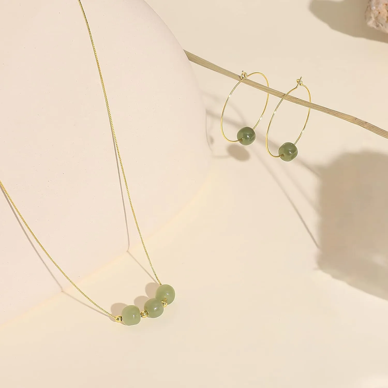 DAUMIER Jade Donut Green Jewelry Set Handmade Necklace Earrings S925 14K Gold Plated Jade Pendant Natural Hetian Jade Drop Jewelry Birthday Gift for Women