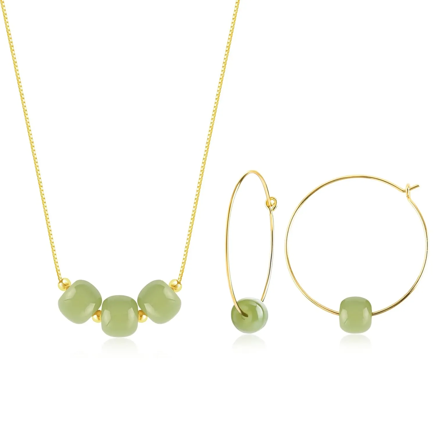DAUMIER Jade Donut Green Jewelry Set Handmade Necklace Earrings S925 14K Gold Plated Jade Pendant Natural Hetian Jade Drop Jewelry Birthday Gift for Women
