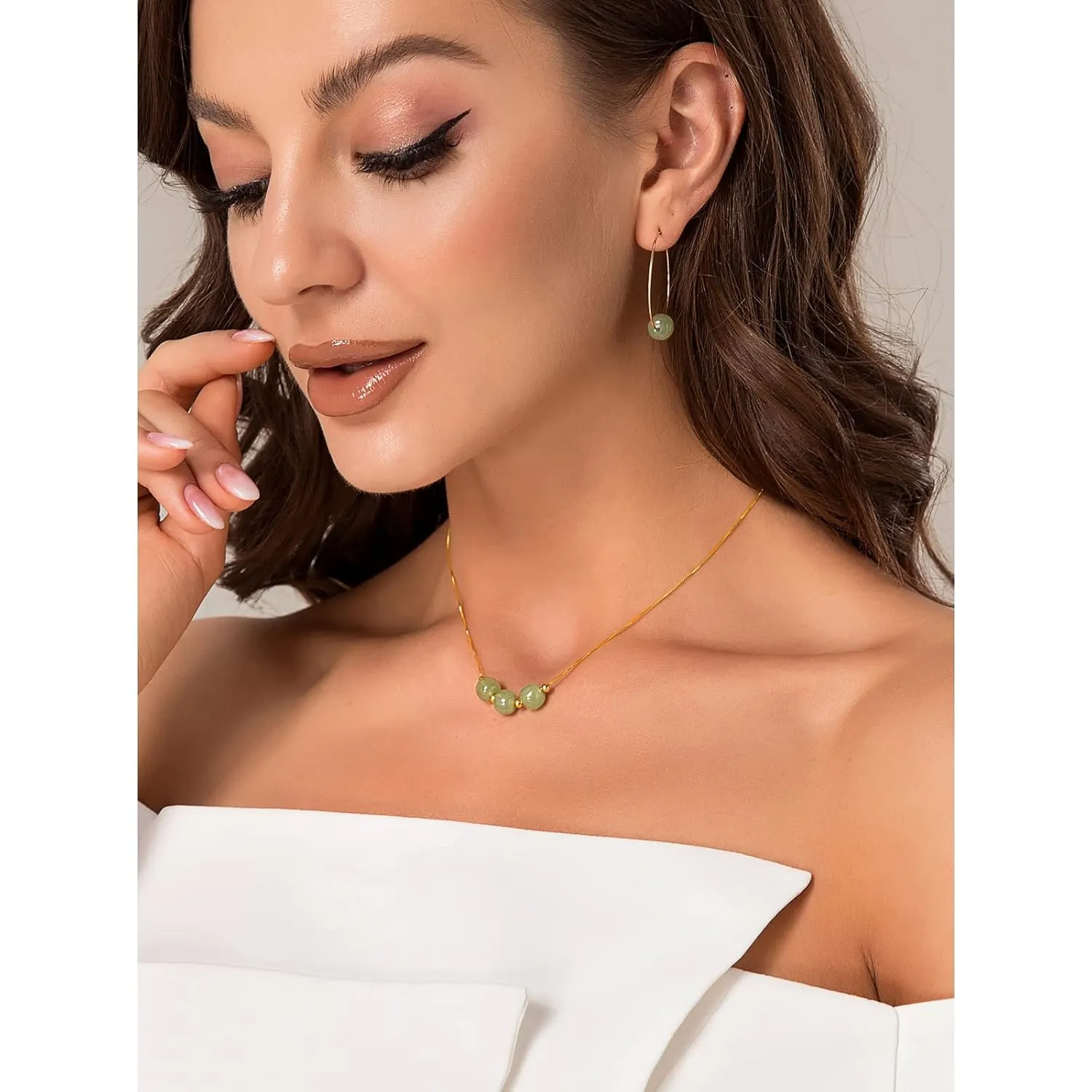 DAUMIER Jade Donut Green Jewelry Set Handmade Necklace Earrings S925 14K Gold Plated Jade Pendant Natural Hetian Jade Drop Jewelry Birthday Gift for Women