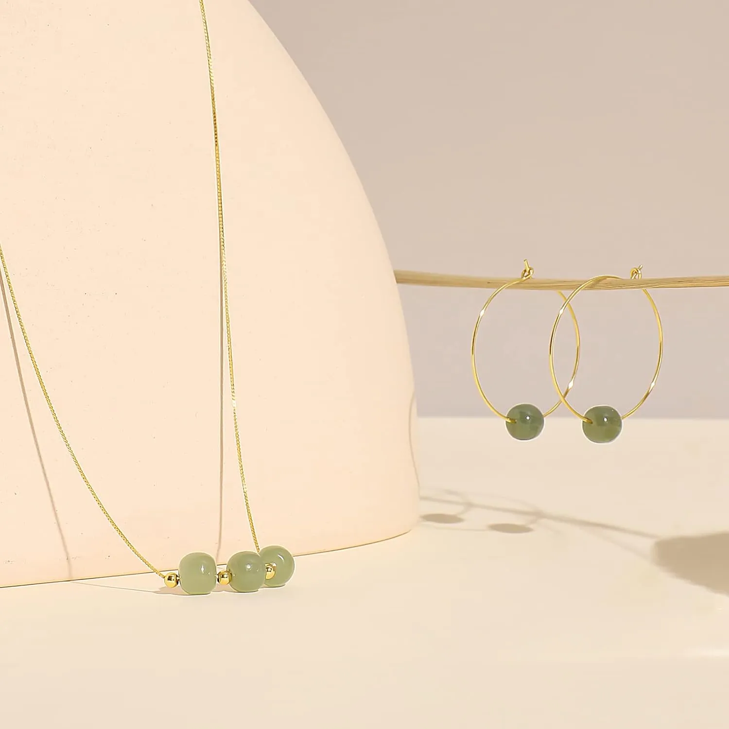DAUMIER Jade Donut Green Jewelry Set Handmade Necklace Earrings S925 14K Gold Plated Jade Pendant Natural Hetian Jade Drop Jewelry Birthday Gift for Women