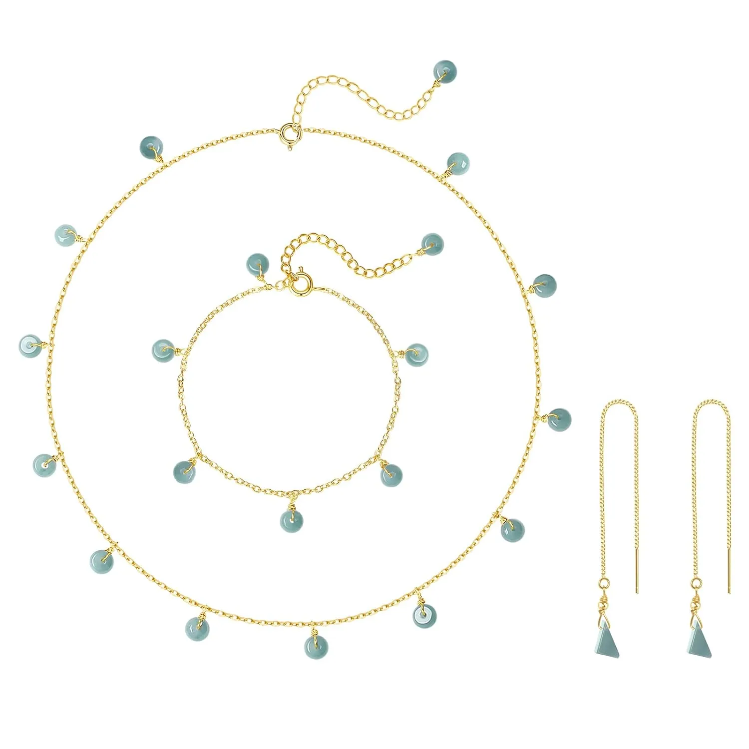 DAUMIER Jade Emerald Small Donut Good Fortunate Blue Jewelry Set Handmade Necklace Hand Chain Bracelet Earrings Gold Plated Natural Jade Jewelry Birthday Gift for Women