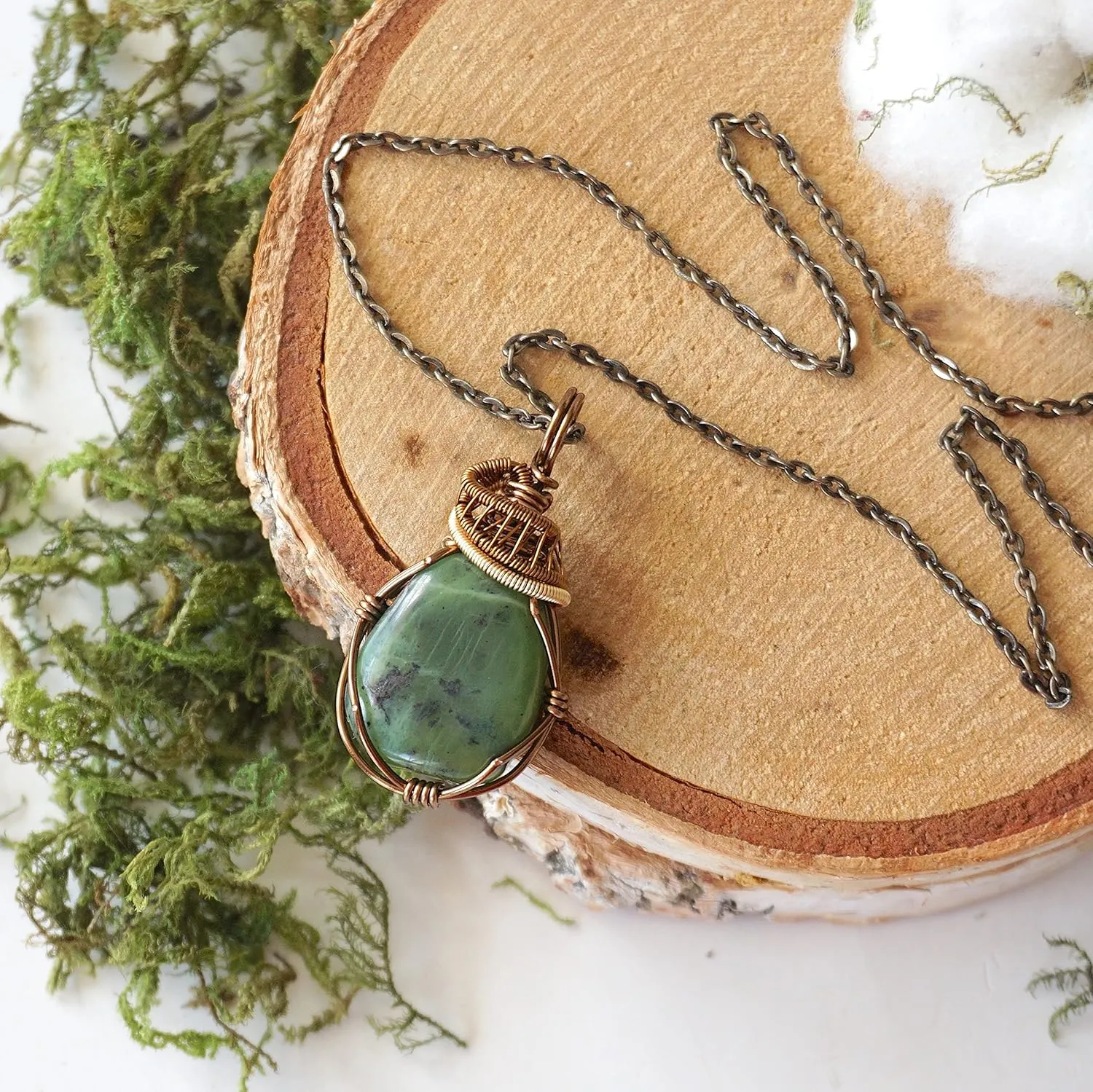 Designs by Nature Gems Handmade Wire Wrapped Unisex Jade Crystal Necklace 24 Inch Chain Antique Bronze, March Birthstone, Wire Wrapping Jewelry, Comes with a Gift Box